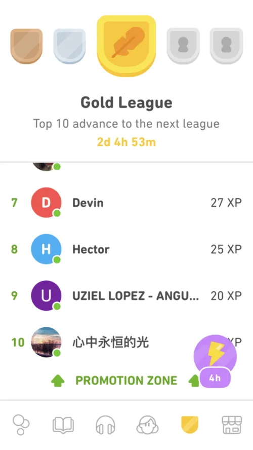 Duo lingo uses leaderboards to combine progression with social validation